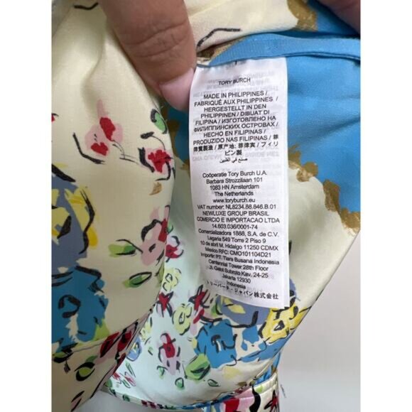 NEW Tory Burch Printed Satin Bow Tie Long-Sleeve Button-Up Blouse Blue Size: 4 - Picture 5 of 8